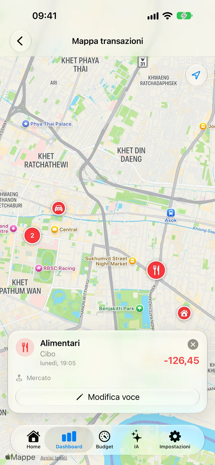 A transaction in Savings tagged with its location and pinned on a map