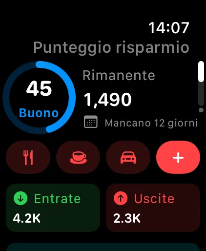 The Savings home page on Apple Watch: saving score, what's left this cycle and Quick Add shortcuts