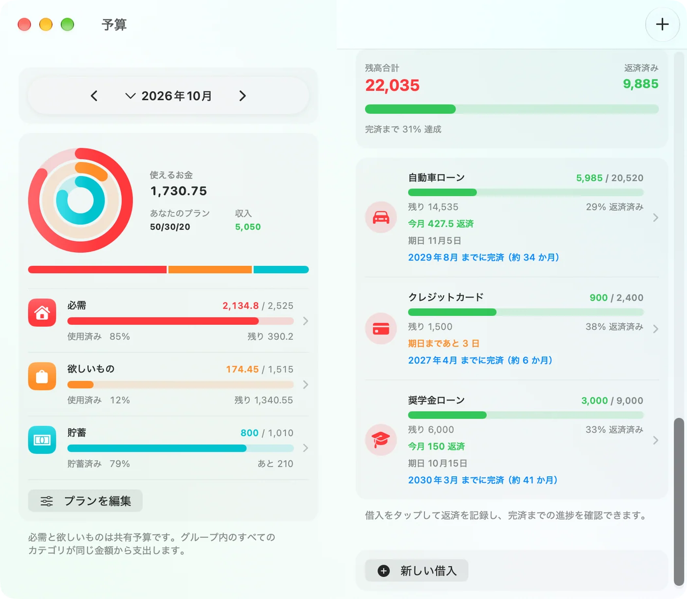 Tracking debts and payoff progress in the Savings Mac app