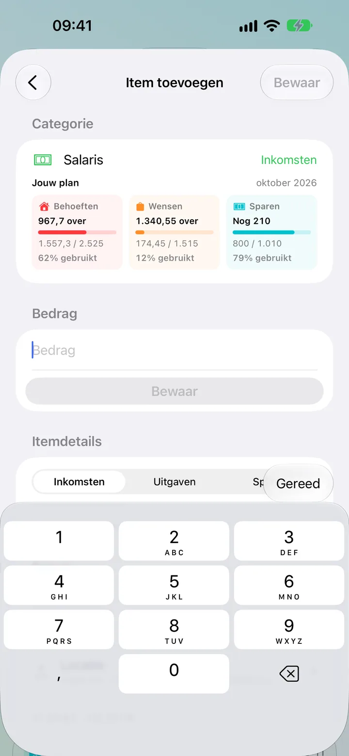 The Savings add-transaction detail form with amount, category and date