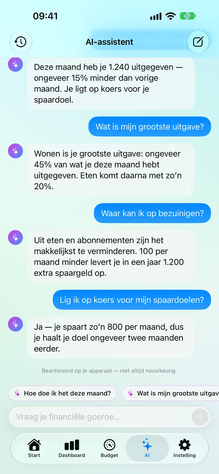 AI Assistance in Savings — chatting with an on-device financial guru that analyzes your spending, saving, budgets and goals