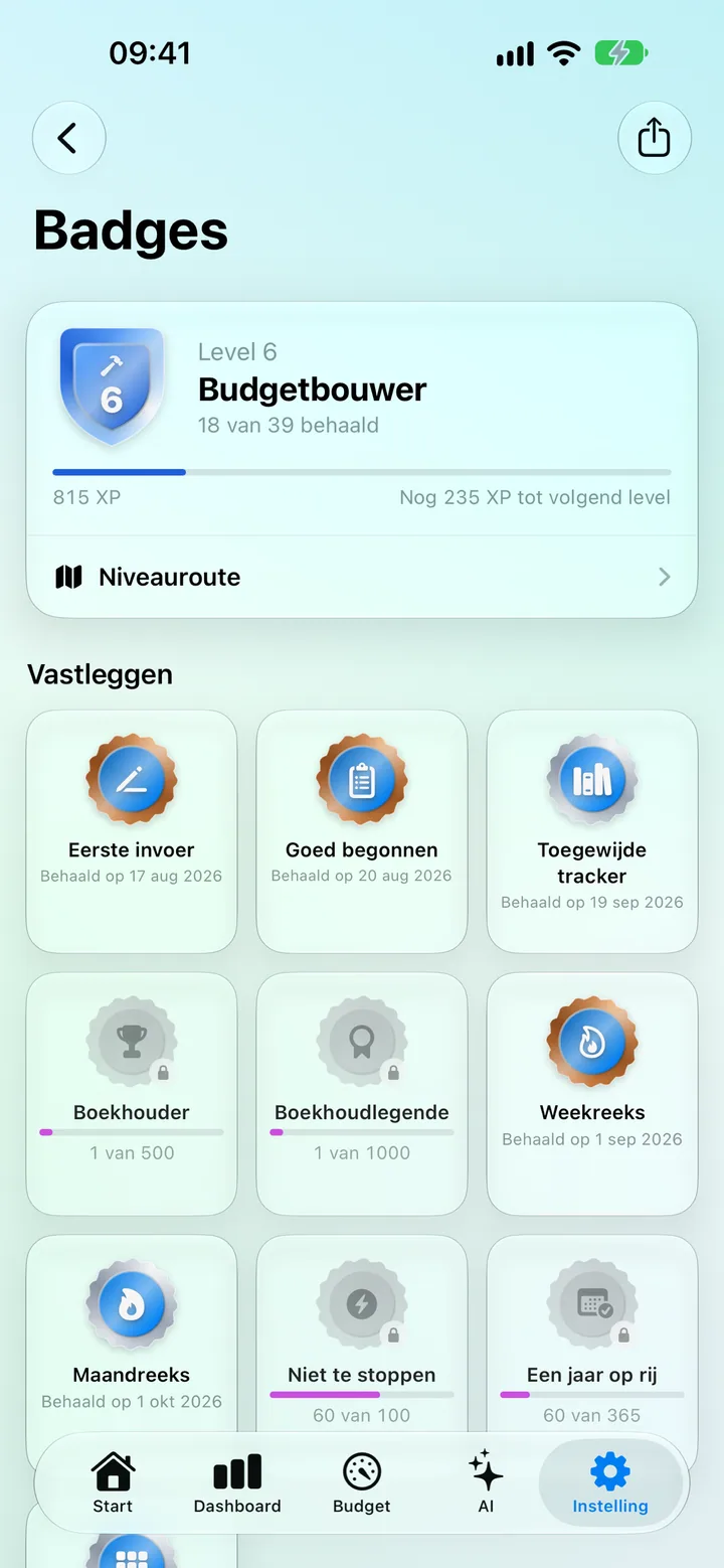 The Badges gallery: your level, XP progress, the Level Roadmap and 3D badge coins