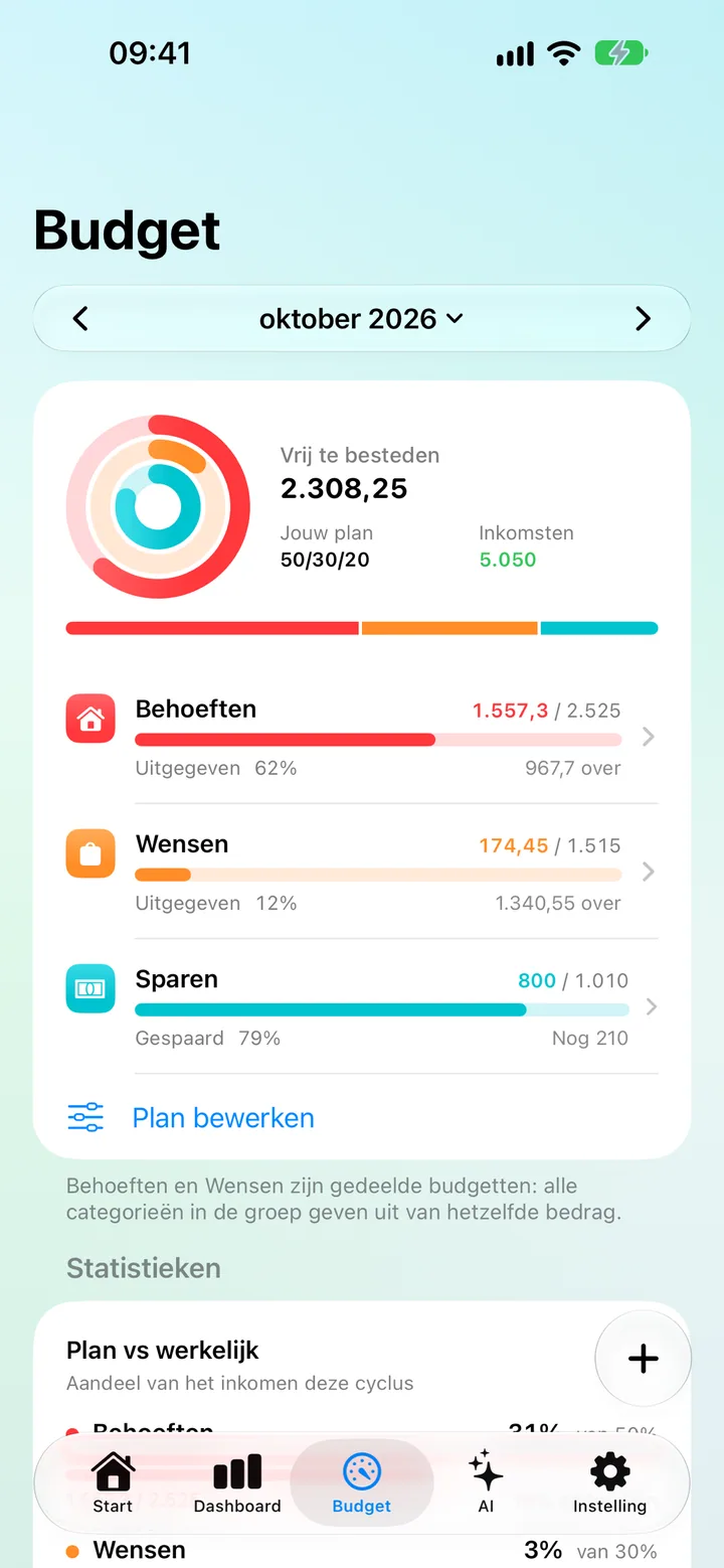 The Savings Budget tab showing a Needs, Wants and Savings plan with Plan vs Actual