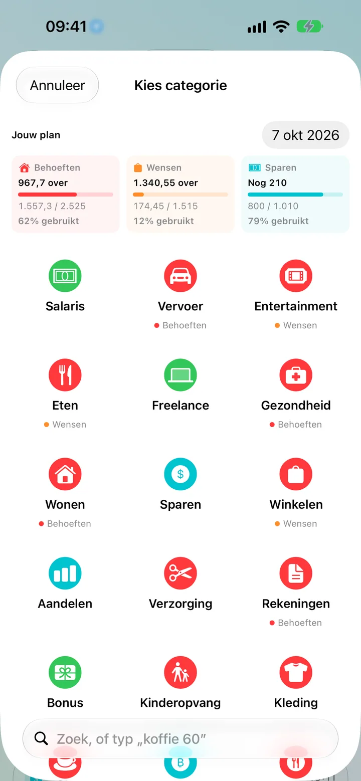 Adding a transaction in Savings by picking from a colorful grid of categories