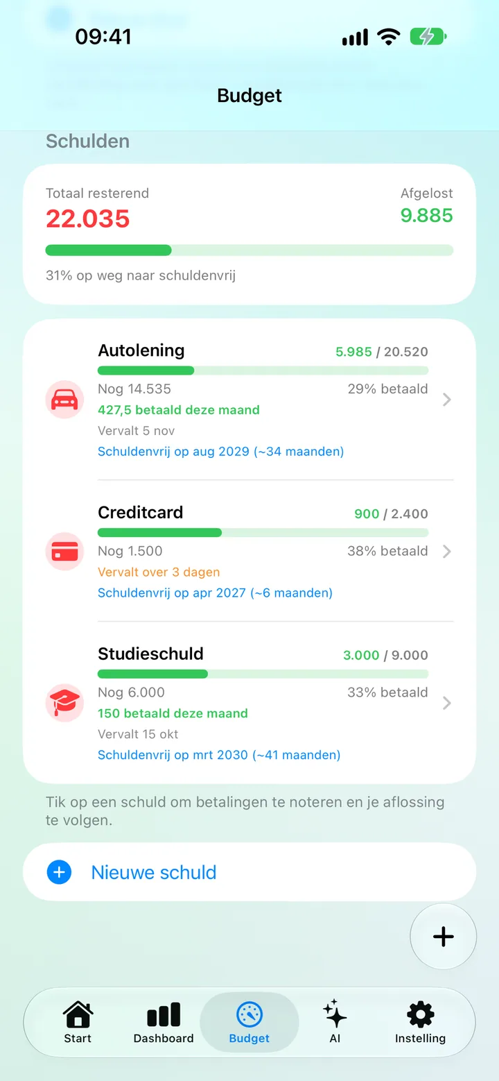 The Savings Debts screen with each debt's remaining balance, due date and progress toward debt-free