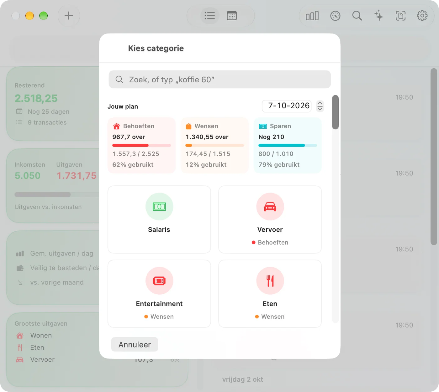 Choosing a category in the Savings Mac app