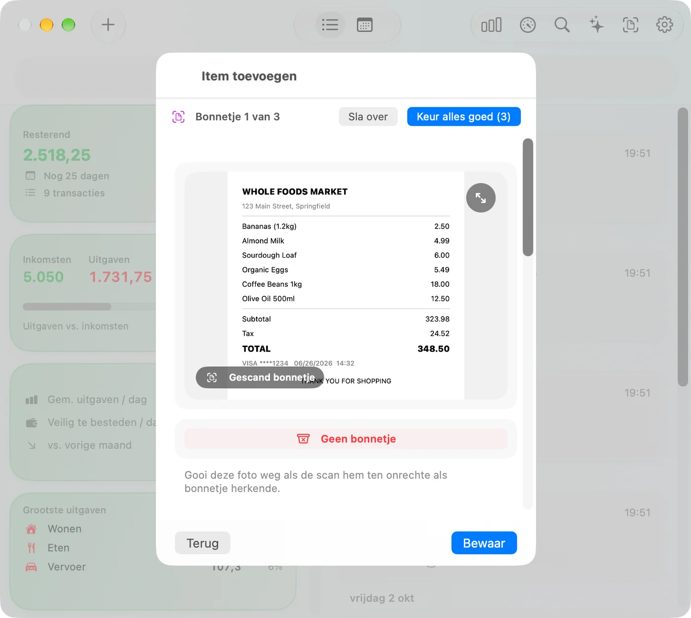 Scanning a receipt in the Savings Mac app