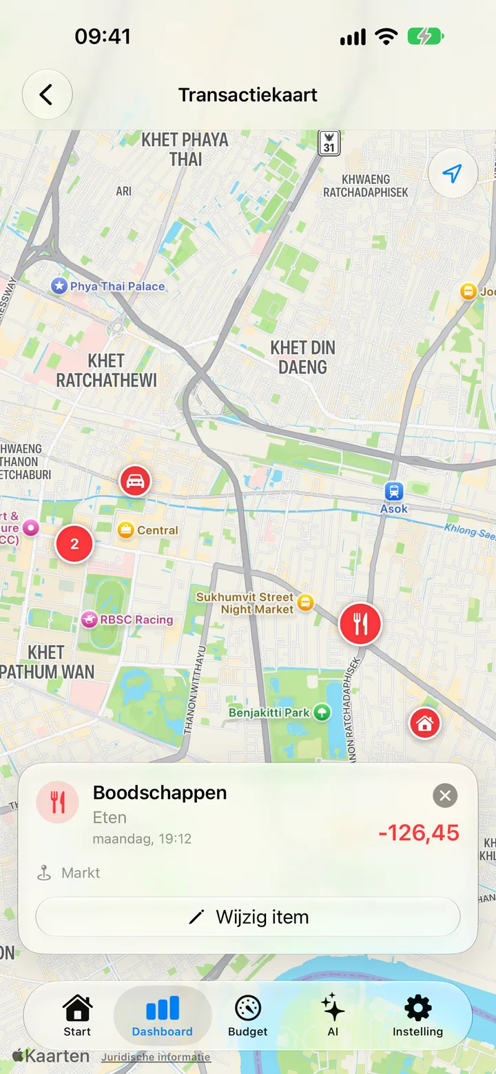 A transaction in Savings tagged with its location and pinned on a map