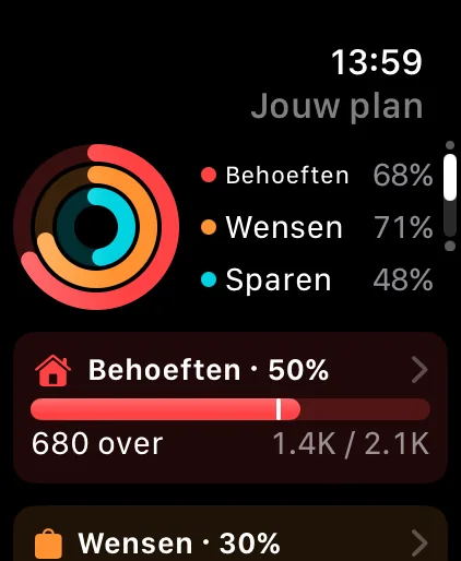The Plan page on Apple Watch: Needs, Wants and Savings rings with what's left
