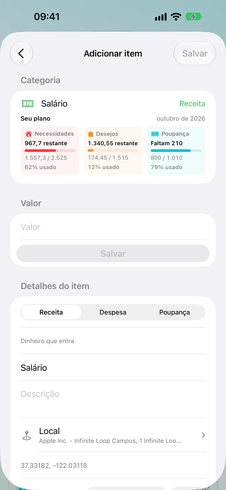The Savings add-transaction detail form with amount, category and date