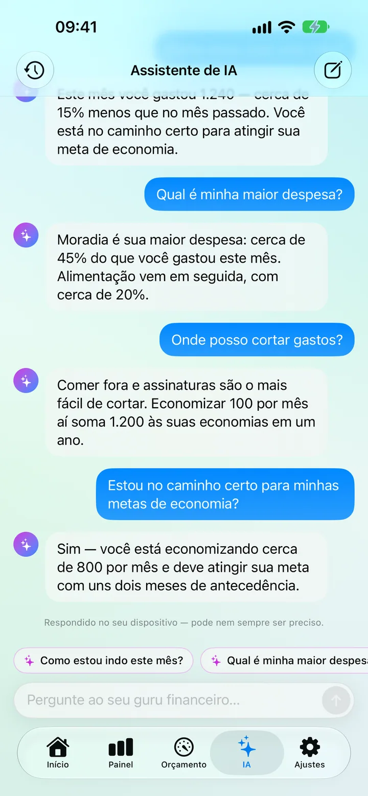 AI Assistance in Savings — chatting with an on-device financial guru that analyzes your spending, saving, budgets and goals
