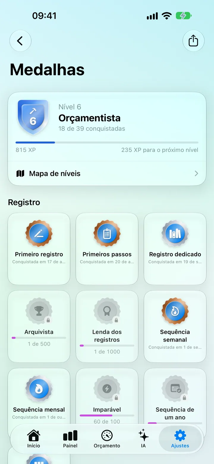 The Badges gallery: your level, XP progress, the Level Roadmap and 3D badge coins