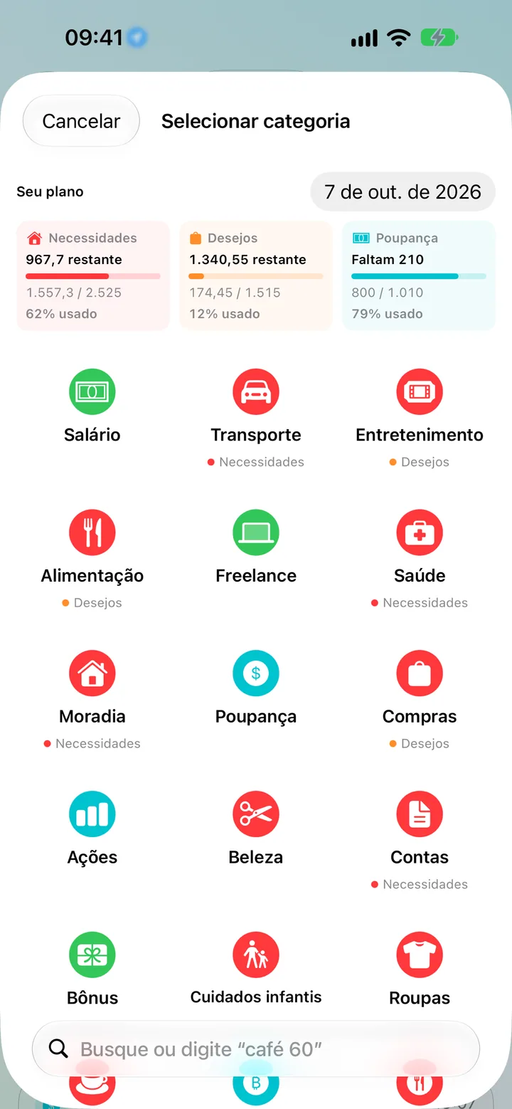 Adding a transaction in Savings by picking from a colorful grid of categories