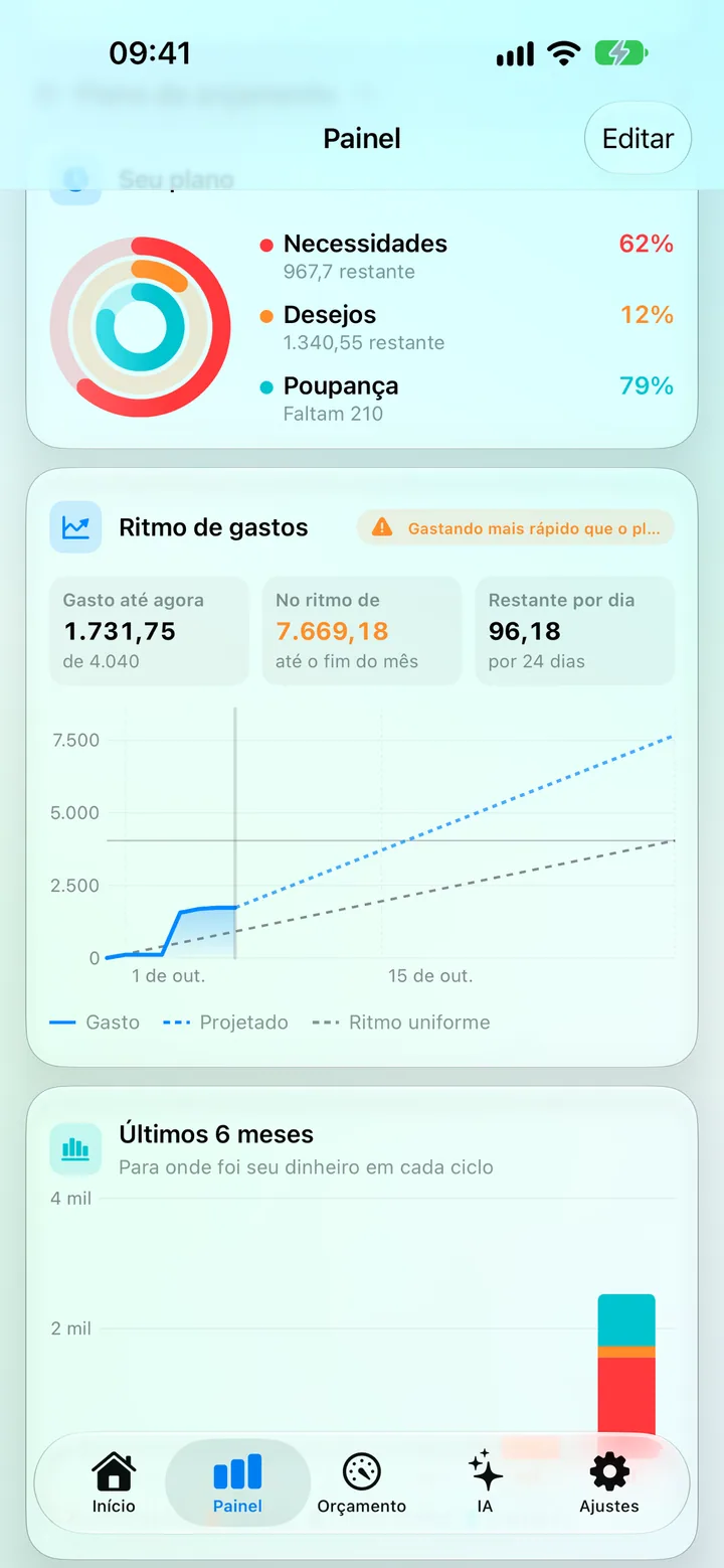 The Savings dashboard with the saving score, category donut and top categories