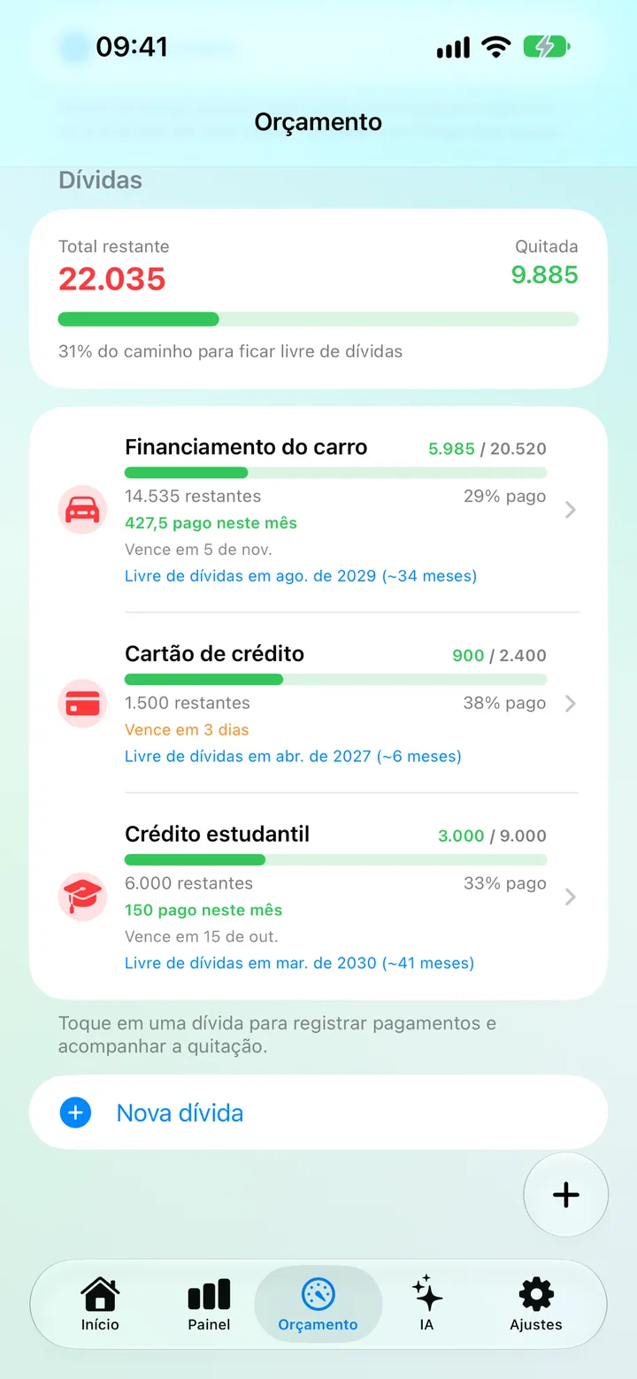 The Savings Debts screen with each debt's remaining balance, due date and progress toward debt-free