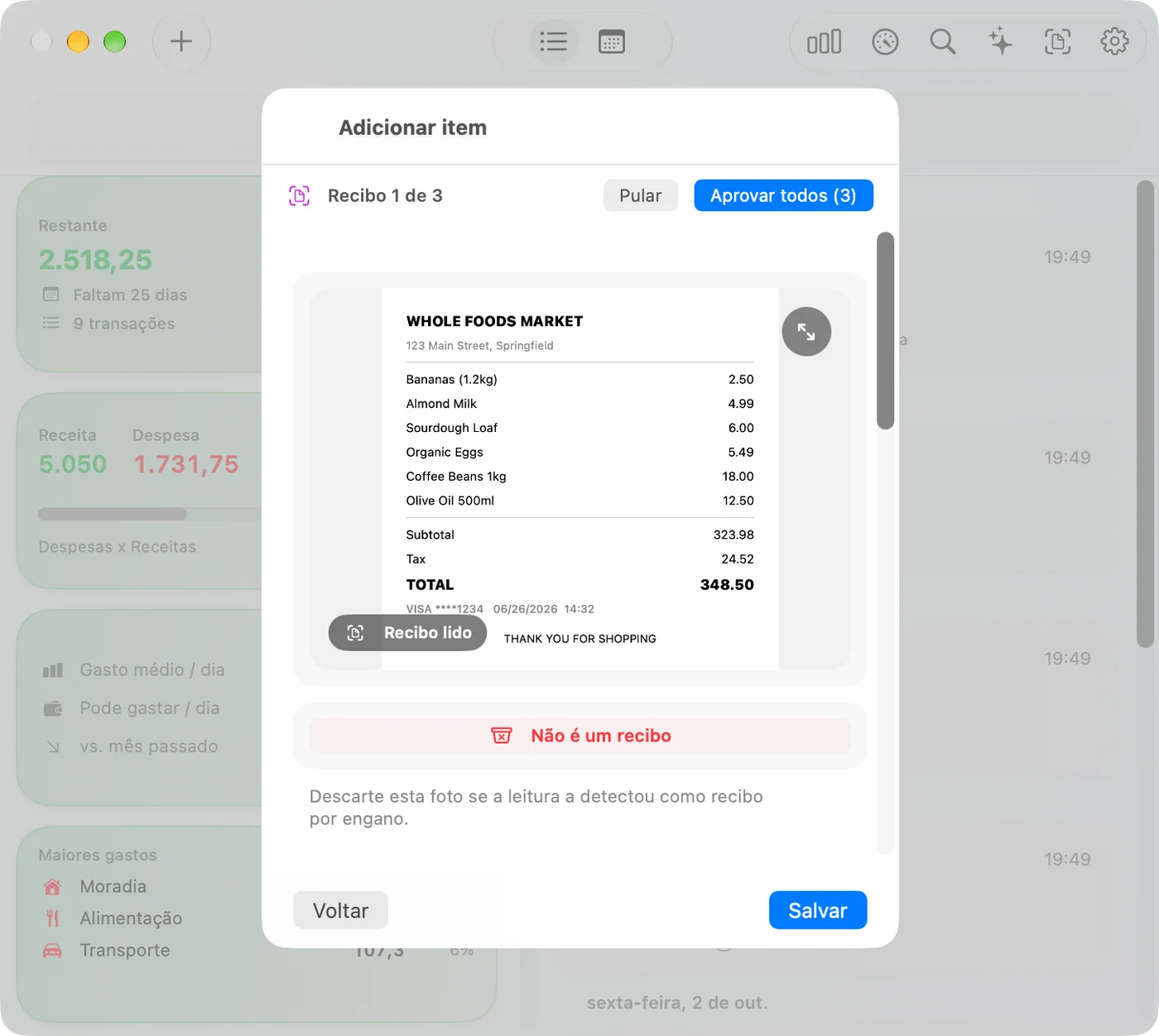 Scanning a receipt in the Savings Mac app