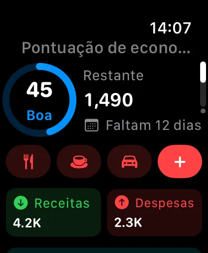 The Savings home page on Apple Watch: saving score, what's left this cycle and Quick Add shortcuts