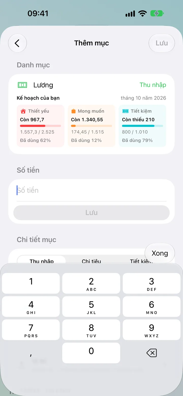The Savings add-transaction detail form with amount, category and date