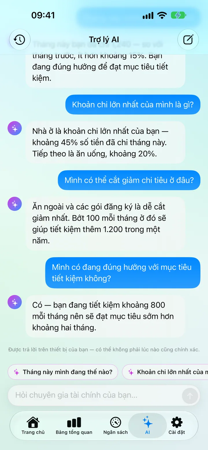 AI Assistance in Savings — chatting with an on-device financial guru that analyzes your spending, saving, budgets and goals
