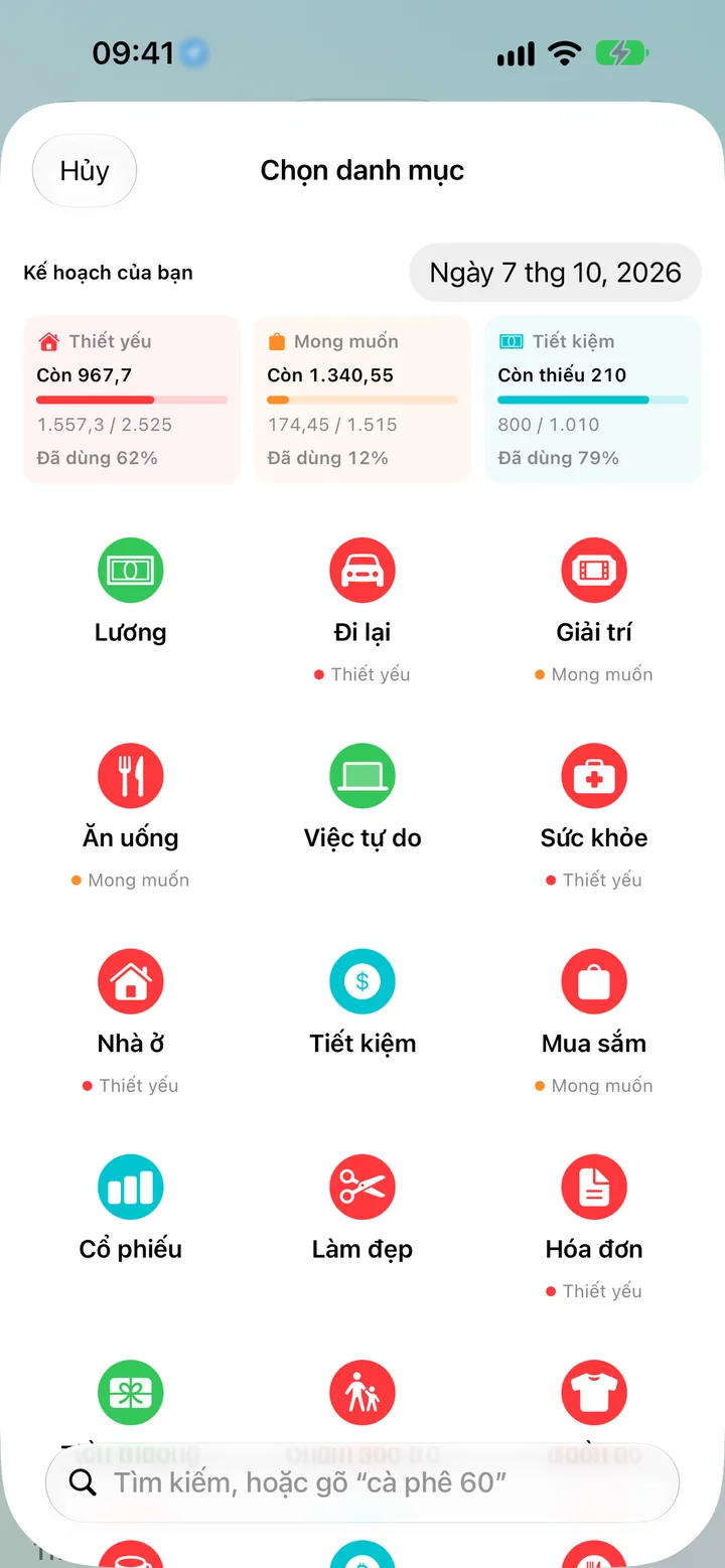 Adding a transaction in Savings by picking from a colorful grid of categories