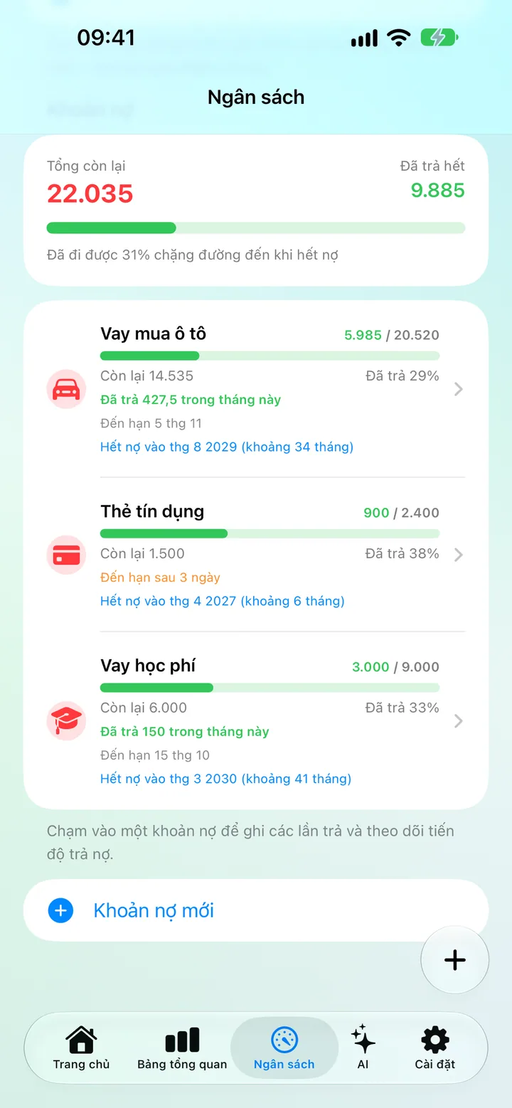 The Savings Debts screen with each debt's remaining balance, due date and progress toward debt-free