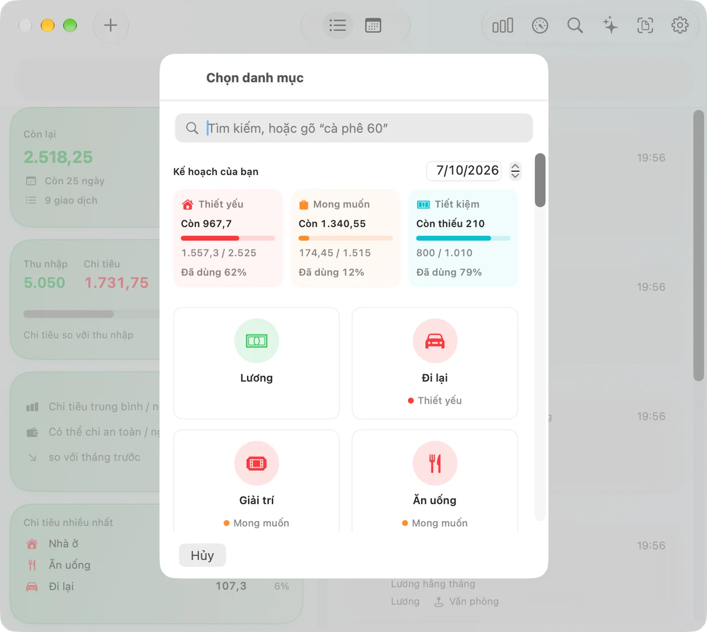 Choosing a category in the Savings Mac app