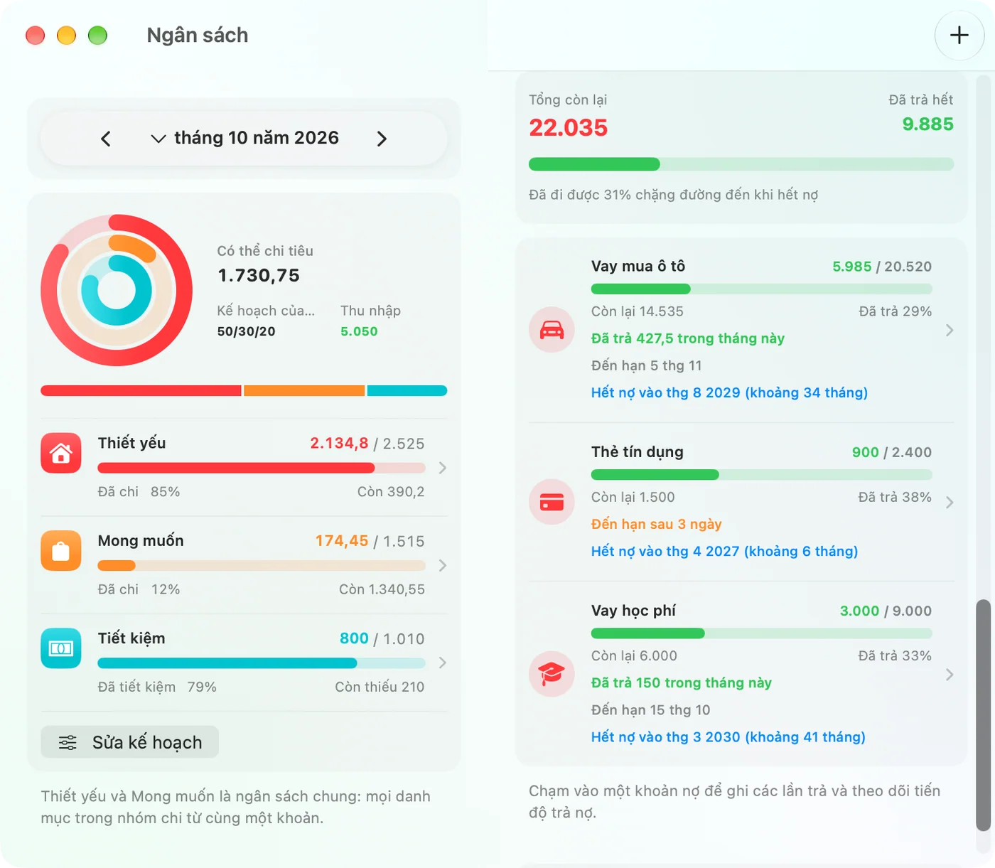 Tracking debts and payoff progress in the Savings Mac app