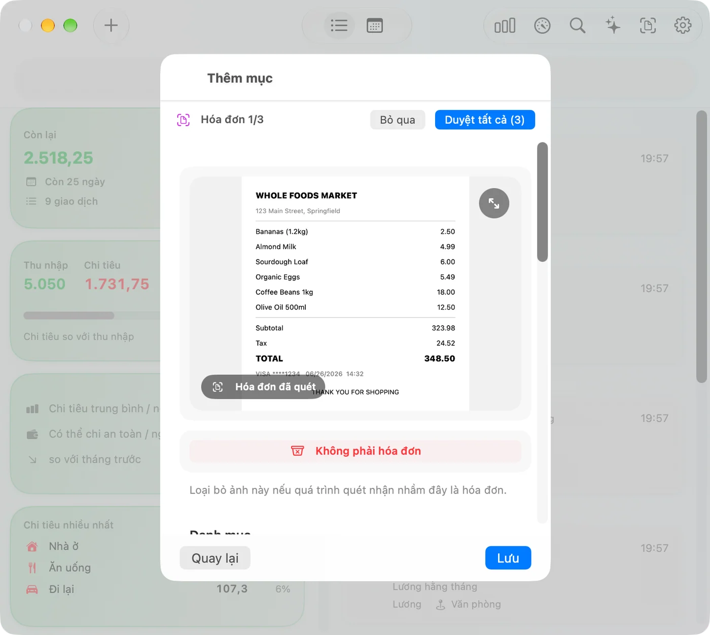 Scanning a receipt in the Savings Mac app