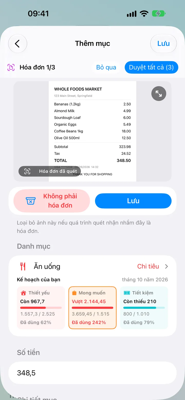 The Savings receipt scanner — Take Photo and Choose from Library, with a live scanning beam