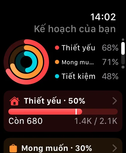 The Plan page on Apple Watch: Needs, Wants and Savings rings with what's left