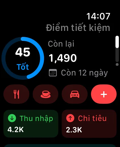 The Savings home page on Apple Watch: saving score, what's left this cycle and Quick Add shortcuts