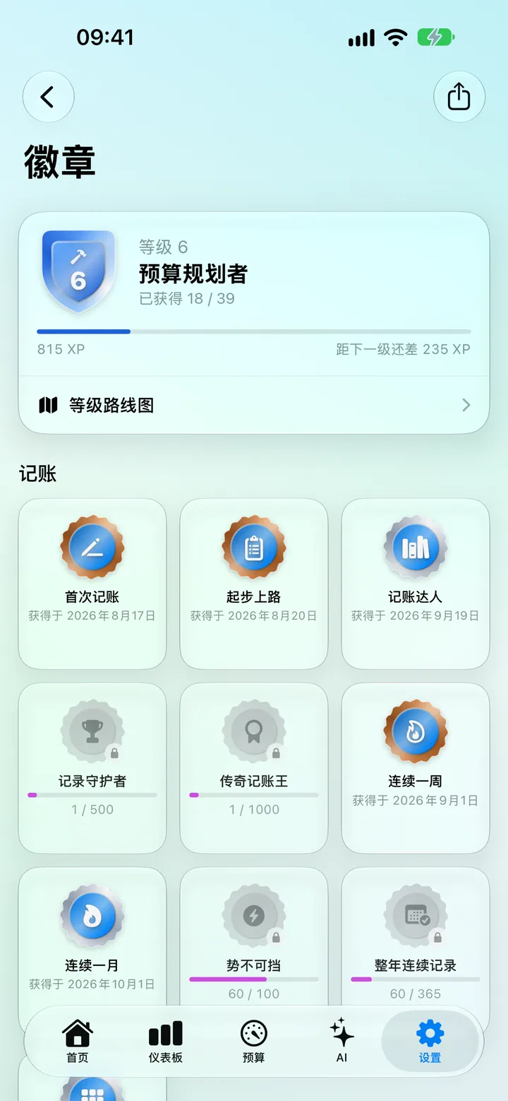 The Badges gallery: your level, XP progress, the Level Roadmap and 3D badge coins